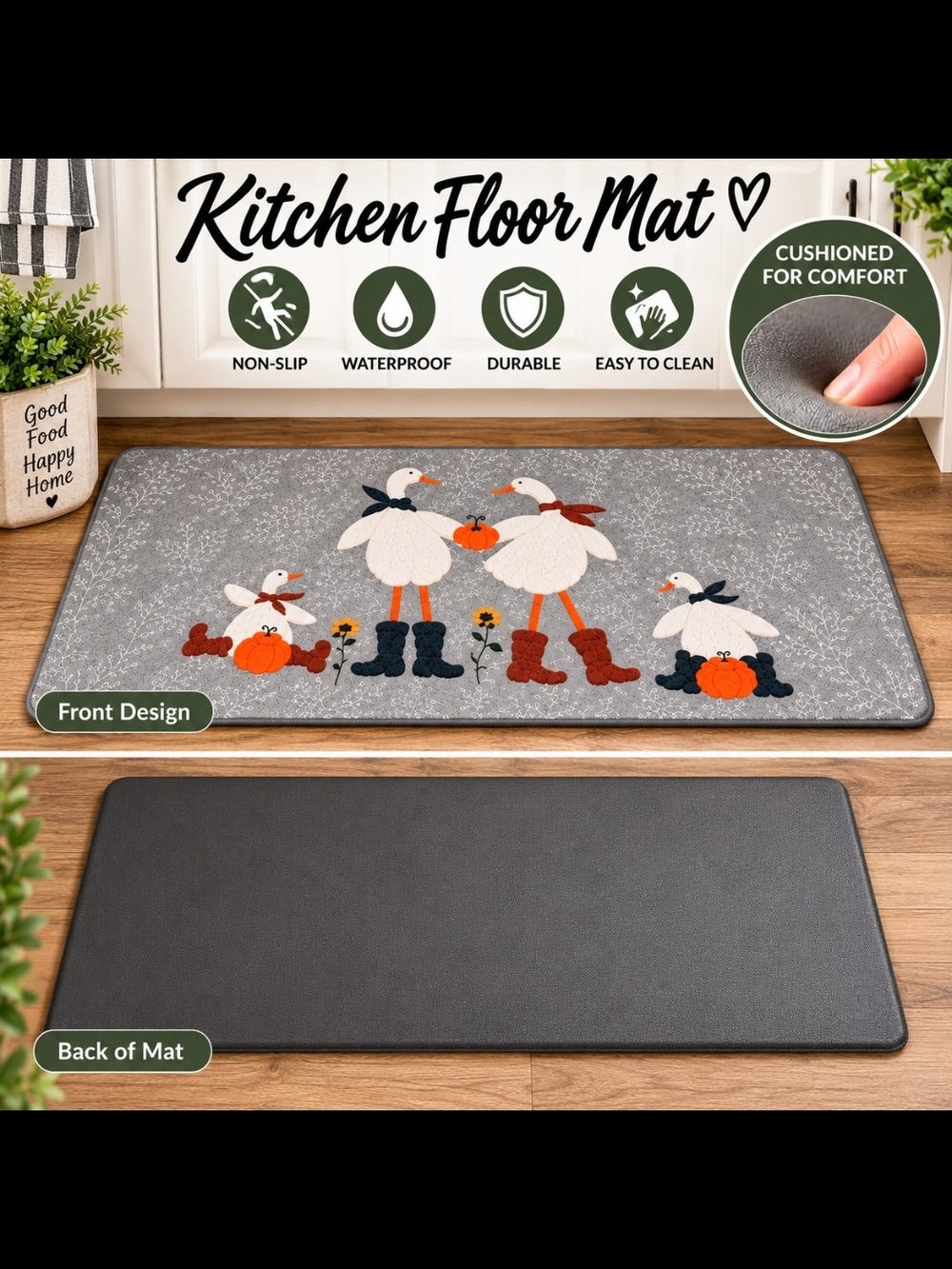 Goose Family Kitchen Door Mat with Autumn Accents.